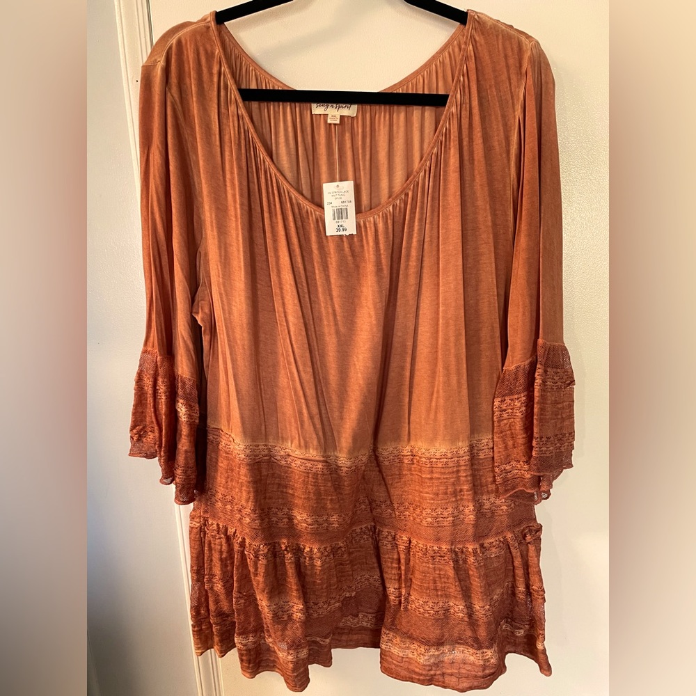 Song n Spirit Stretch Lace Knit Tunic  Spice  Ruffles Boho Fall Women's XXL  NEW